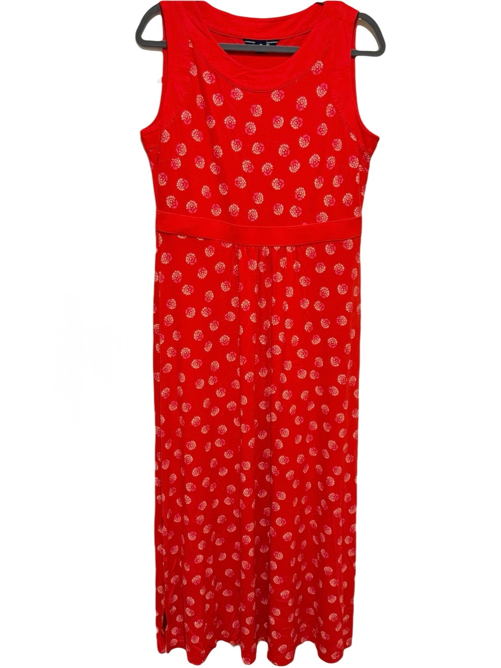 Lands' End Bright Red Sleeveless Maxi Dress W/white floral dots & side slits M
